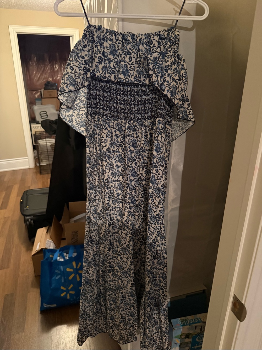Zara Off-Shoulder Blue Floral Maxi Dress with Smocked Bodice
